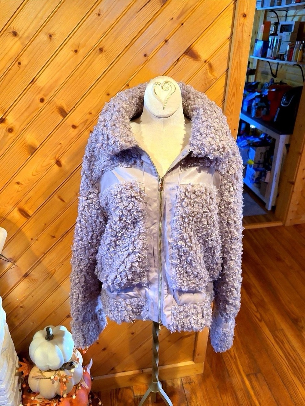 FATE Teddy Sherpa Faux Leather Mixed Media Jacket Taupe Size L NWOT